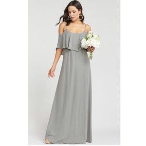 NWT Show Me Your MuMu Caitlin Ruffle Maxi Dress in Soft Charcoal Crisp Sz. Small